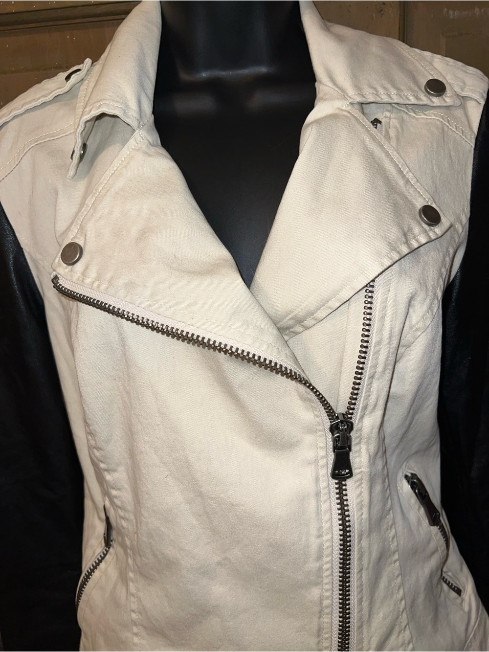 Ivory Moto Black Leather Two Tone Biker Chic Edgy Minimalist Jacket Size S - Picture 5 of 10